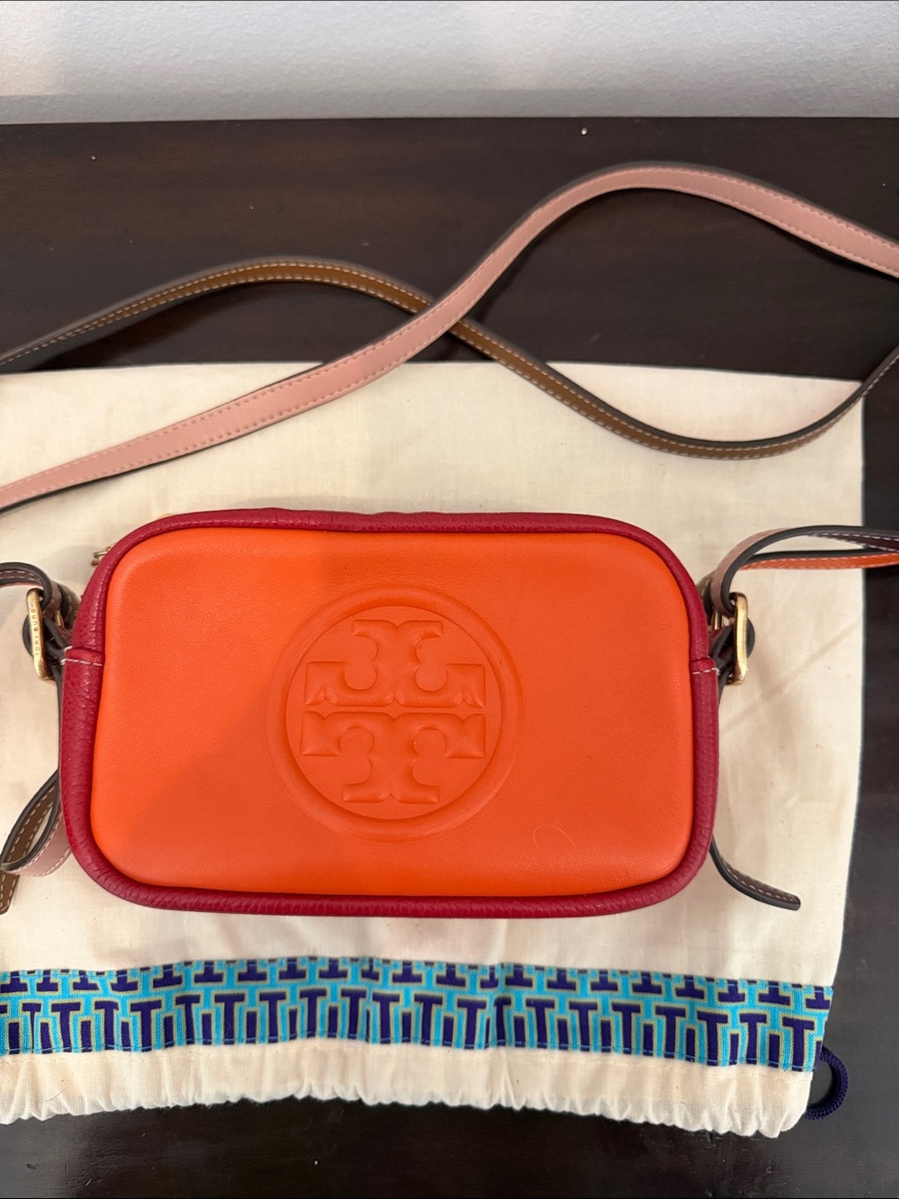 Tory Burch Perry Bombé Mini Camera Crossbody Bag Colorblock Orange Red Leather